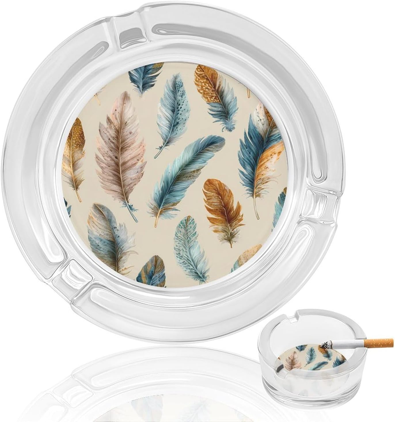Boho Feathers Glass Ashtrays for Cigarettes | Decorative Modern Home Office Indoor Outdoor Patio Use