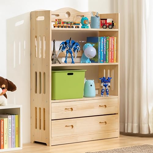 Miniatura 4 de Magshion Estantería de madera de 3 estantes con 2 cajones, 33.1 pulgadas de largo x 11 pulgadas de ancho x 48.4 pulgadas de alto, estante de