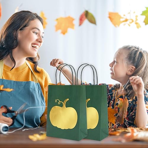 Miniatura 7 de Whaline 24 bolsas de regalo de otoño de Acción de Gracias con dulces de calabaza dorada, bolsas de compras para otoño, vacaciones, boda, fiesta de