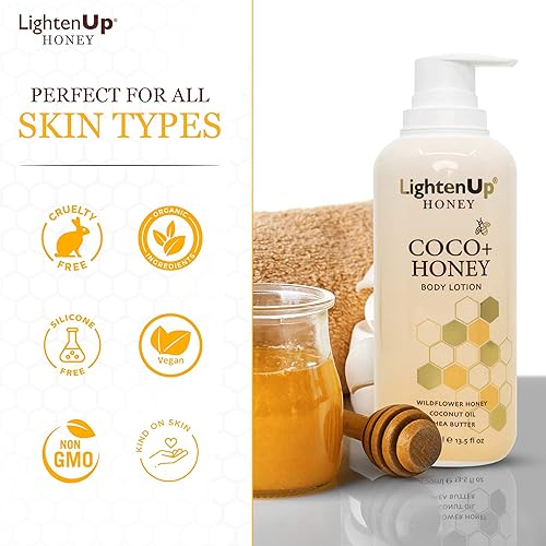 Miniatura 7 de Lighten-Up Honey, loción corporal iluminadora para la piel, 13.5 fl oz 13.5 fl oz, crema corporal hidratante en cara, rodillas, codos, con manteca