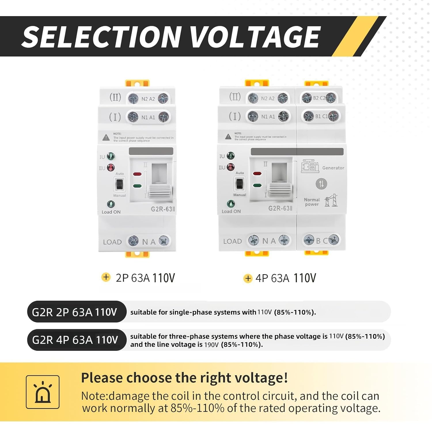 Mini ATS AC Automatic/Manual Transfer Switch 2P 63A 110V, ATS Manual Transfer for Uninterruptible Power Supply Home, Dual Auto Power Electrical Selector Switch DIN Rail Mount（G2R 2P 63A AC110V）