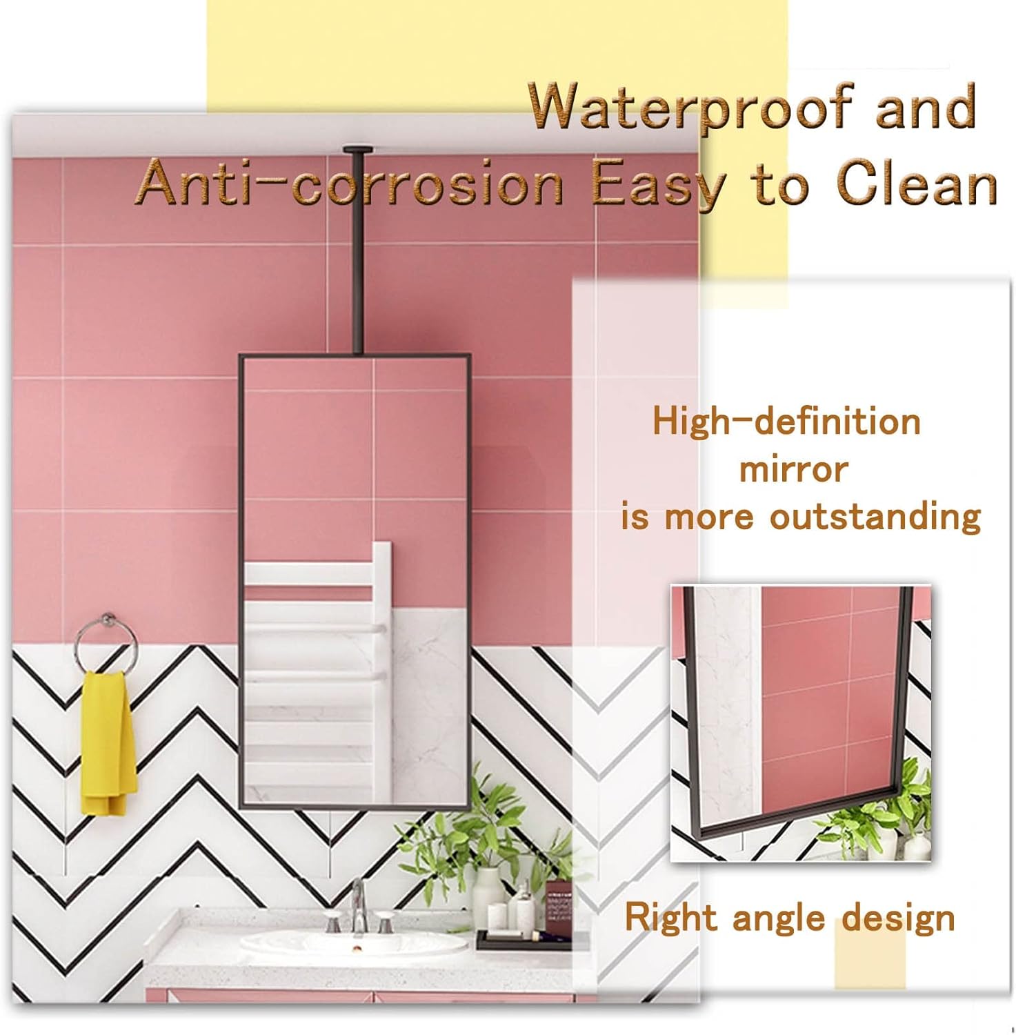 Square Ceiling Mirror, Black Metal Frame - Rectangular (50cm x 70cm) for Bathroom Vanity & Shaving