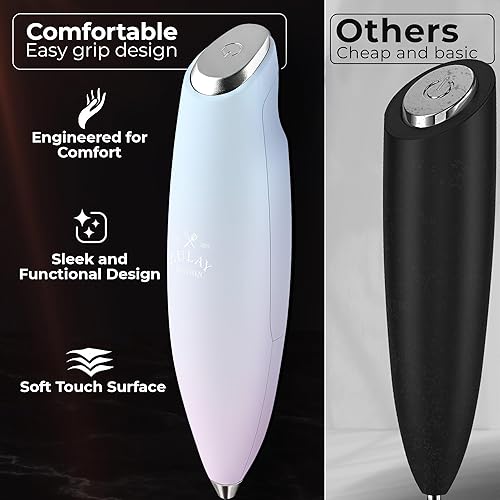 Vista 337 de Zulay Kitchen - Espumador de leche de mano con pilas AA Duracell: batidora de bebidas resistente para café, latte, capuchino y más, color aurora