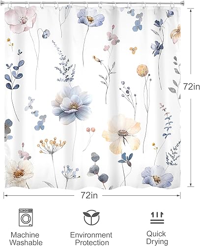 Miniatura 5 de Omifly Cortina de ducha con diseño floral de acuarela, cortinas de ducha de primavera con flores azules y beige para baño, juego de cortina de ducha