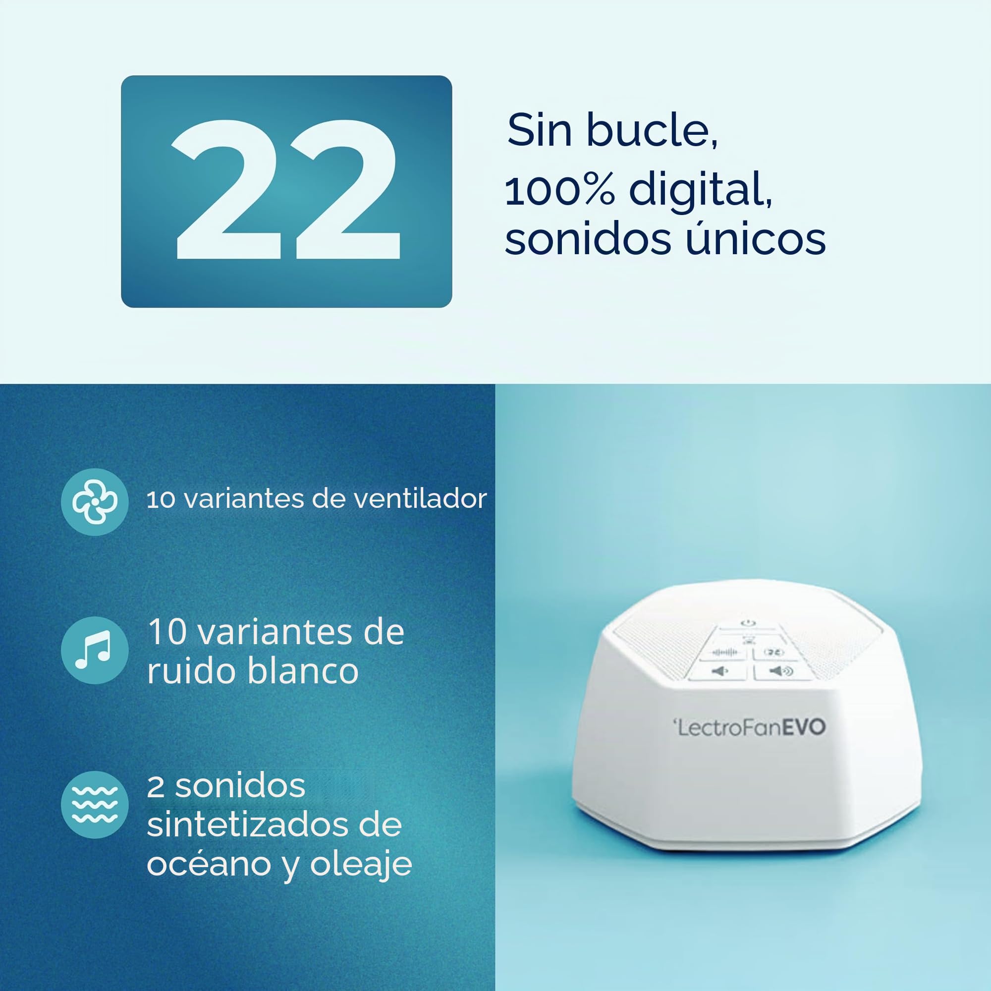 LectroFan Evo - Máquina de ruido blanco y sonidos de ventilador sin bucle con temporizador de apagado (blanco)