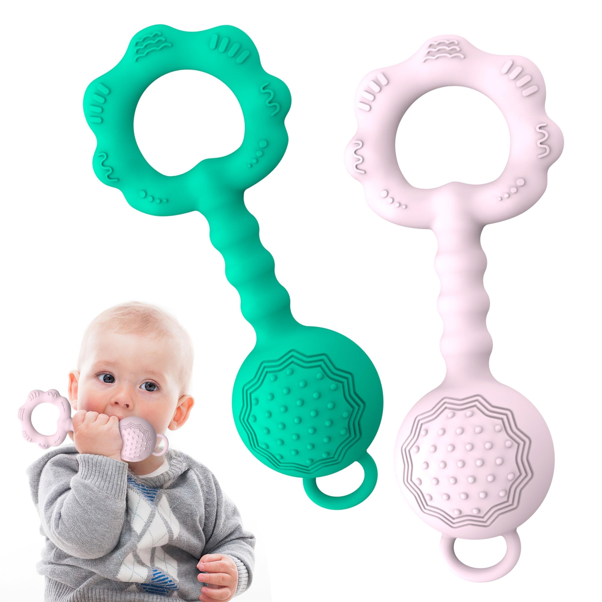 2 Pcs Baby Rattle Teether, 2-in-1 Rattle and Teether Toy for Soothing Sore Gums and Keeps Little Ones Entertained, Food Grade Silicone (Spearmint+Pink