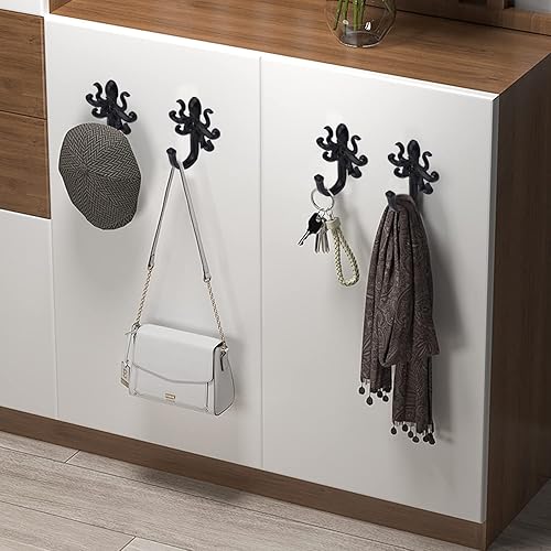 Miniatura 3 de Paquete de 5 ganchos de pared para colgar abrigos, bufandas, bolsos, mochilas, mochilas, decoración del hogar (pulpo negro)