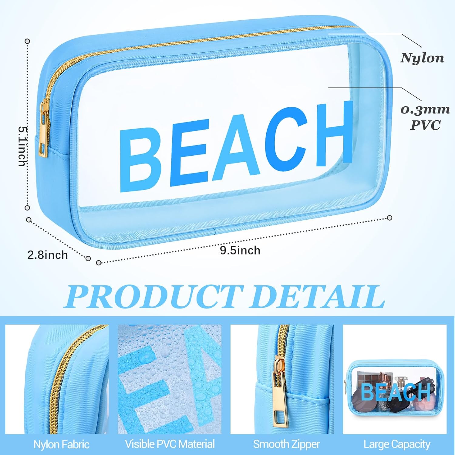 Cunno 6 Pcs Clear Beach Makeup Bag Beach Vacation Essentials Nylon Clear Travel Pouch Cosmetic Sunscreen Bags Swim Pouch Waterproof PVC Organizer Summer Travel Toiletry Case for Women