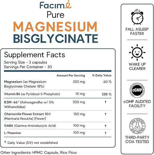 Miniatura 9 de Suplemento de glicinato de magnesio para dormir y estrés - KSM-66 Ashwagandha, GABA, L-teanina, manzanilla - Ayuda natural para dormir y apoyo