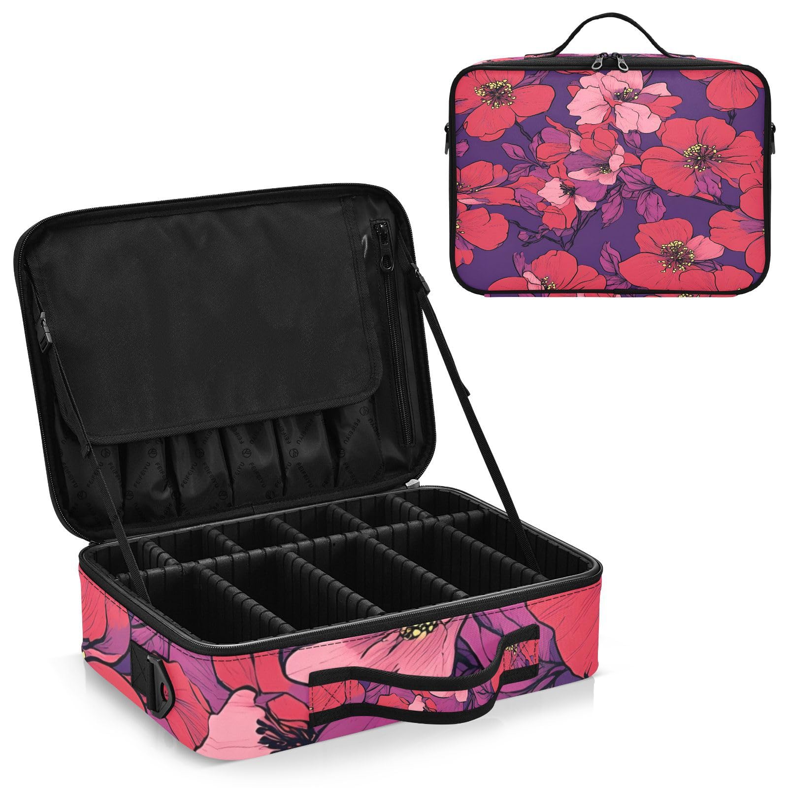 zyrtty Travel Makeup Train Case Purple Flowers Pattern Red Cosmetic Organizer Portable Storage Bag with Adjustable Dividers for Cosmetics Brushes Toiletry Jewelry Digital Accessories