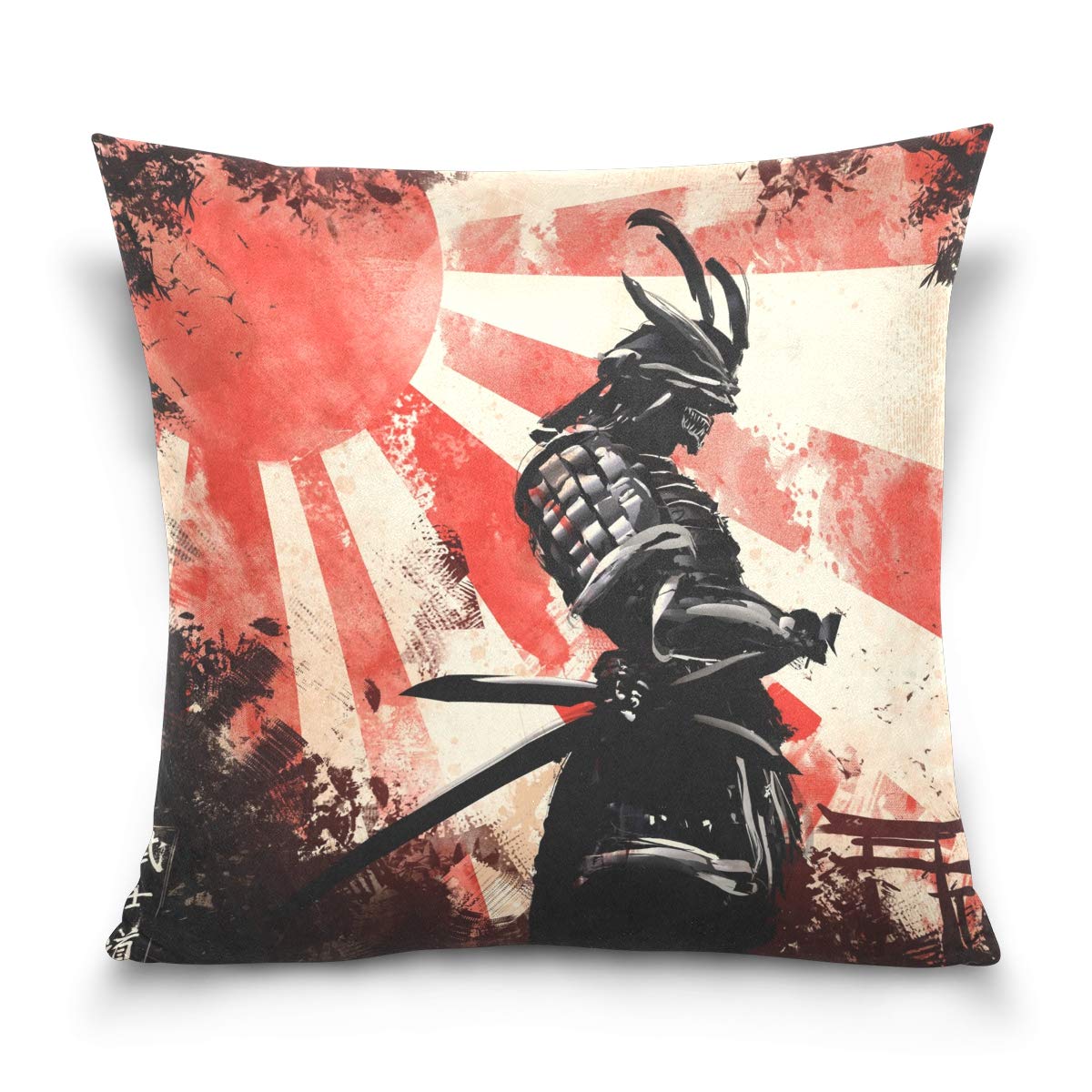 Linomo Throw Pillow Cover 16x16 inch, Japanese Samurai Decorative Pillow Cases Cushion Cover for Couch Sofa Bed Home