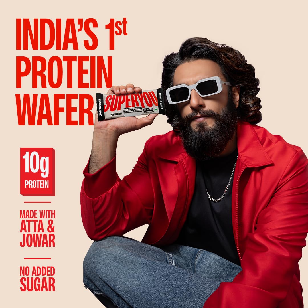 SuperYou Cookies & Cream Protein Wafer Bars (Pack of 10)|10g Protein, 3g Fiber, No Added Sugar|Yeast Fermented Protein|Energy Bars|Crunchy Wafer Bar|100% Vegetarian|No Palm Oil|400g 1