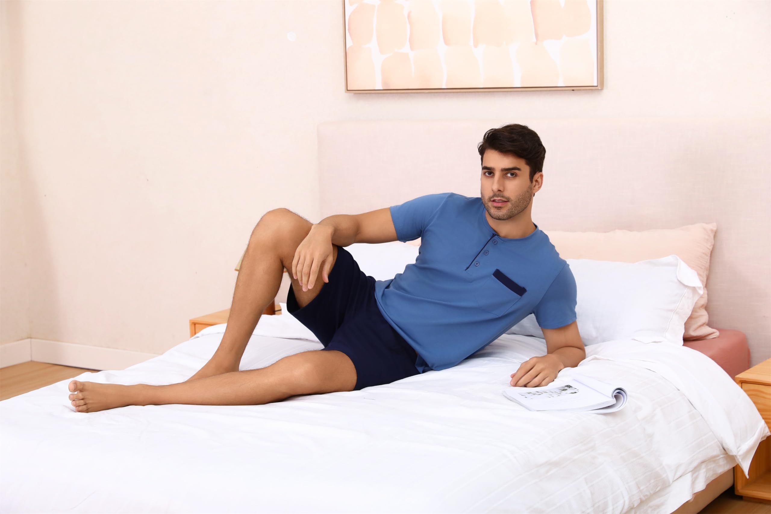 Aseniza Herren Schlafanzug Kurz Baumwolle Pyjamaset Sommer Shorty Nachtwäsche O-Ausschnitt Zweiteilige Schlafanzüge