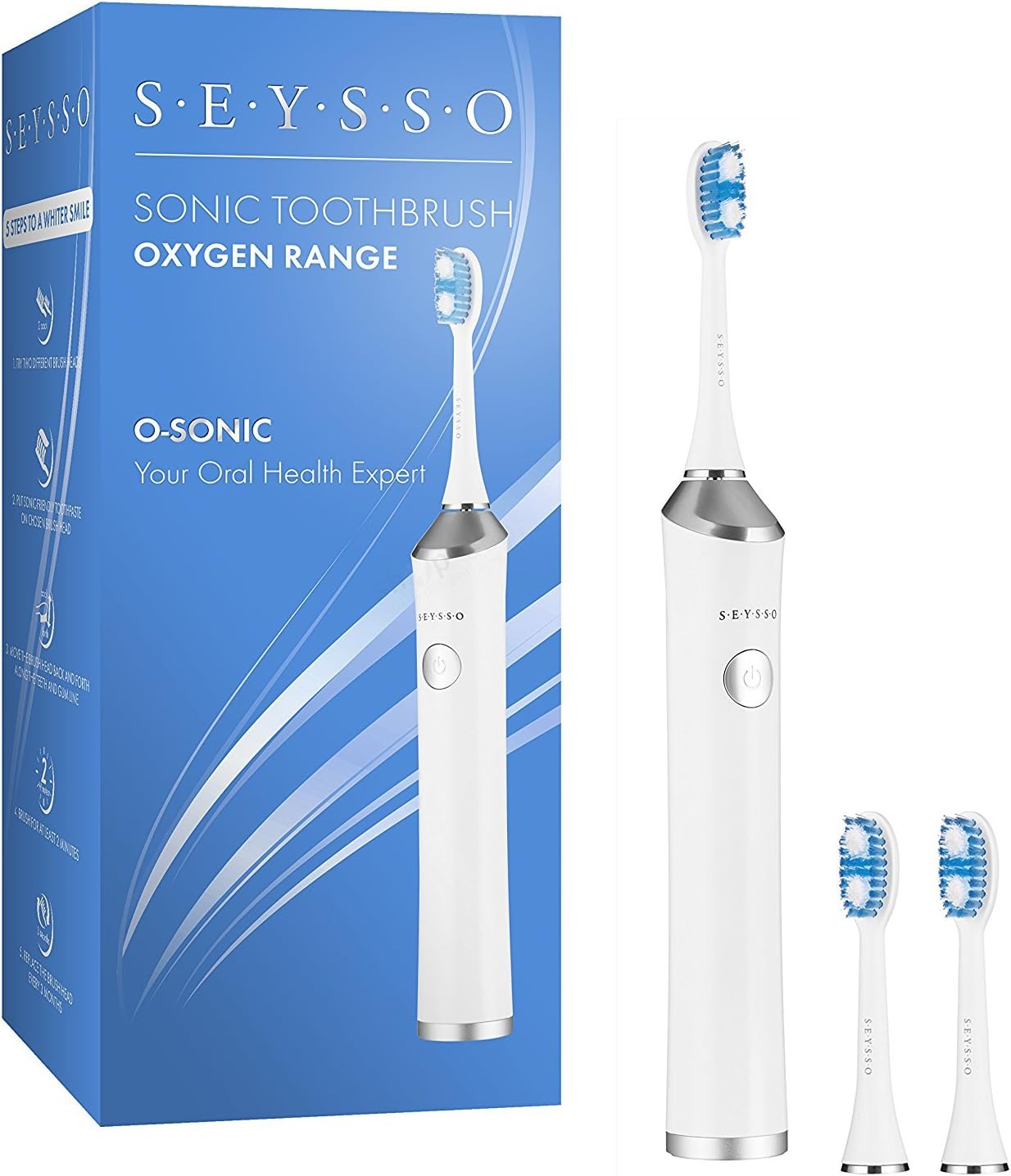Oxygen O-Sonic Toothbrush • White • 96,000 Sonic Vibrations Per Minute • Soft Travel Case • Waterproof • 2 Replacement Heads • 2 Year Warranty • Whitening