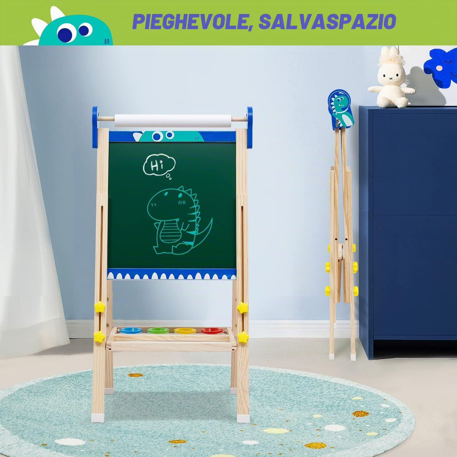 Lavagna Pieghevole con Cavalletto per Bambini, Lavagna per Bambini a Doppia Faccia con Cavalletto Regolabili in Altezza, Rullo di Carta, Lavagna Bianca, adesivi dei cartoni animati e Altri Accessori