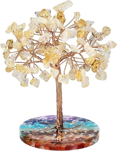 rockcloud Árbol de dinero de alambre de cobre de jade amarillo con base redonda de resina colorida, árbol de piedra bonsái hecho a mano para