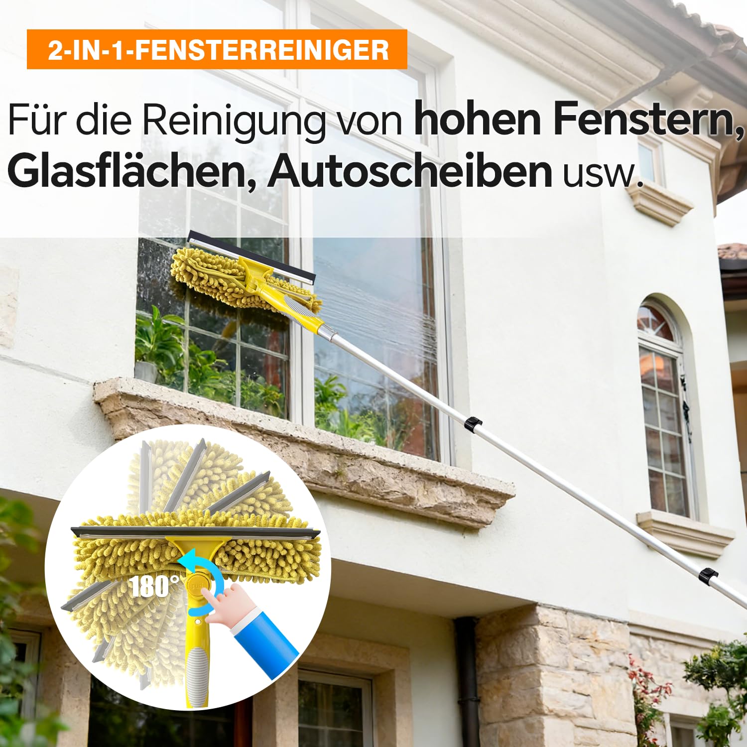 ARTIPOLY 6 m Staubwedel mit Teleskopstiel Set, 5-in-1 Staubwedel für hohe Reichweite mit Chenille Fensterabzieher und Mikrofaser Federstaubwedel für Decke und Wand im Innen- und Außenbereich, Gelb