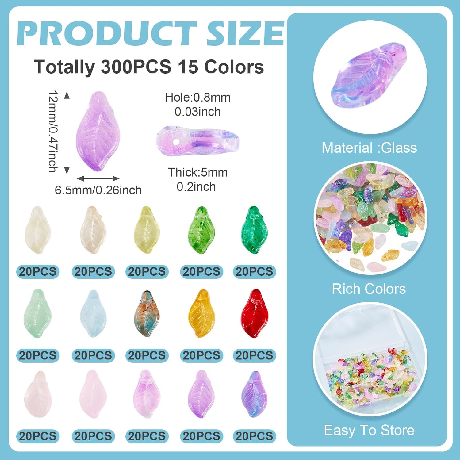 300Pcs Leaf Glass Beads 15 Colors Leaves Pendants Cute Tree Leaf Beads for Jewelry Making DIY Spring Summer Bracelet Earring - Image 5