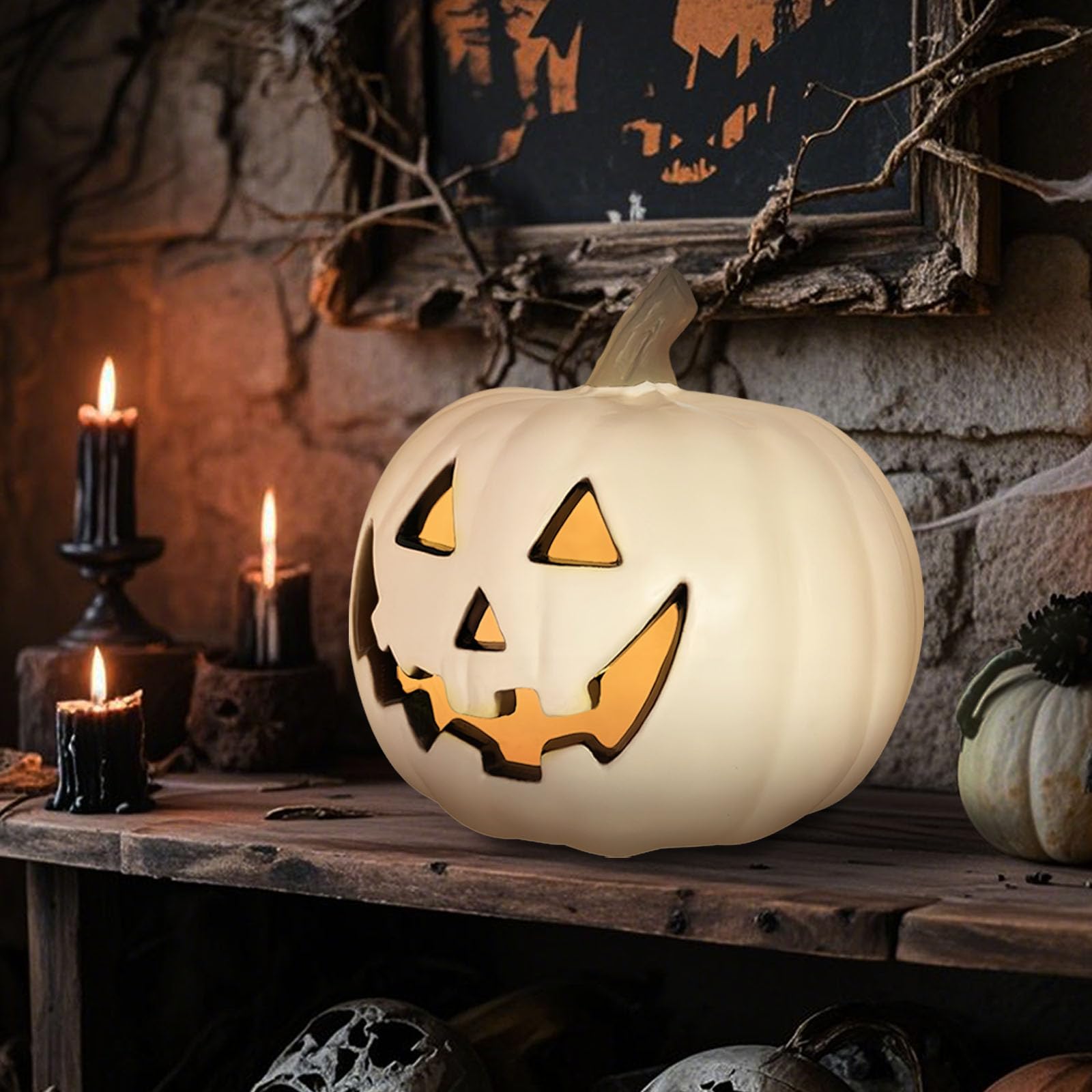 Halloween Deko Outdoor Garten, Kürbis Deko Kerze Led Herbstdeko Weiß(20cm)
