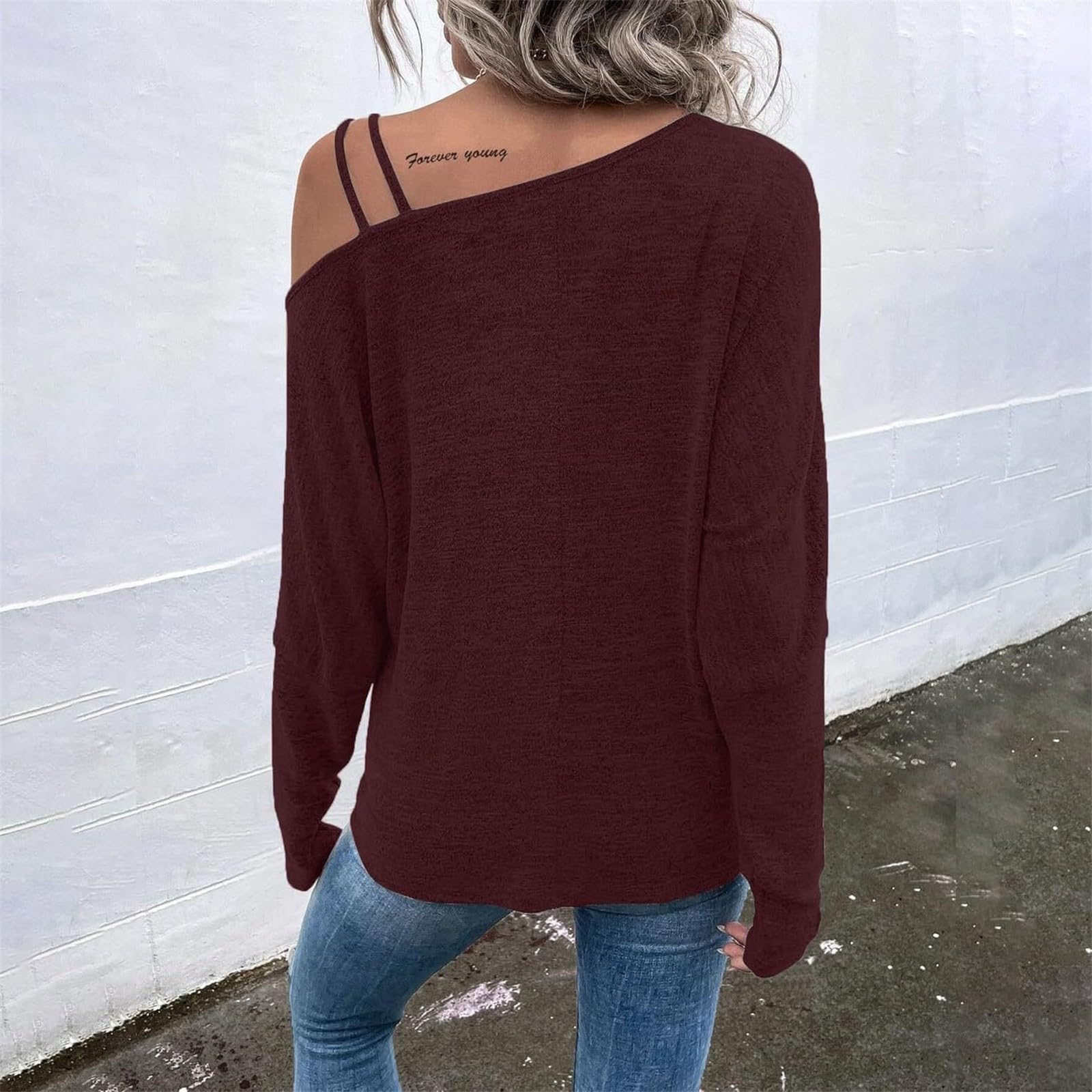 Générique Haut Tricot Chiné Manches Longues Féminin, Épaules Nues Asymétriques À Double Bretelle, Coupe Relax Tunique Épaules Dénudées pour Port Quotidien Printemps Automne