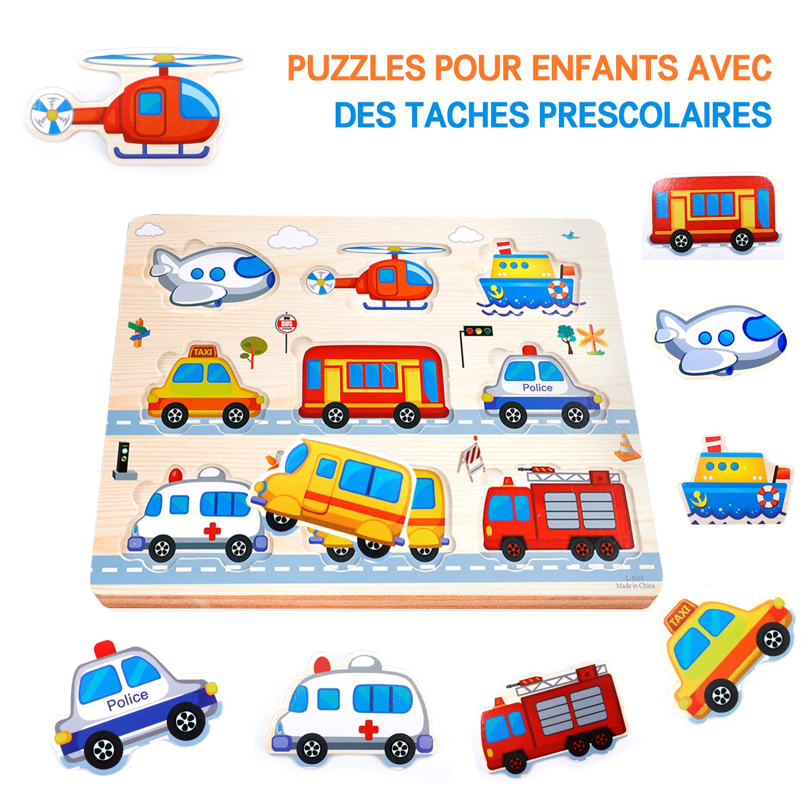Purpledi 5 Pezzi Puzzle in Legno per i Bambini, Giochi Montessori Bambino, Educativo Giocattoli Regalo per 1 2 3 Anni, Animali Frutta Forme Lettere Numeri Traffico, Regalo Natale Ragazzi Ragazze (B)