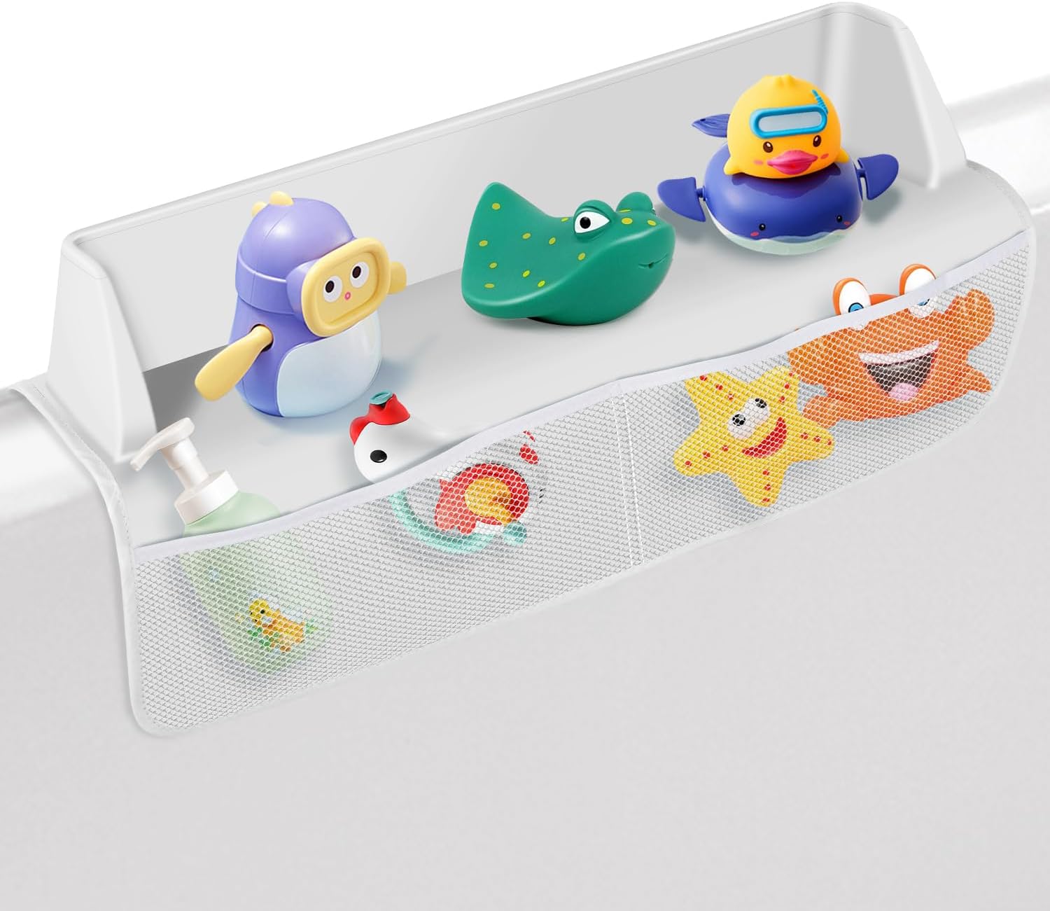 Bathtub Splash Guard Bathtub Shelf Bathtub Toy Storage Toy Tray - 8 Suction Cups Attach to Bath Tub - 22" Tub Splash Guard with 4 Mesh Pockets- Fun for Toddlers Kids Baby (White)