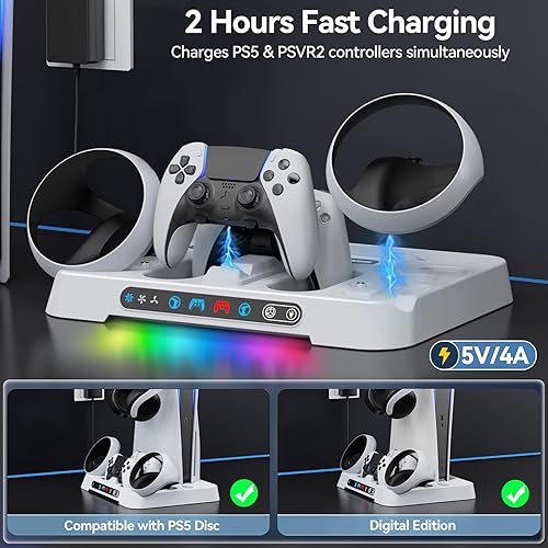 Miniatura 2 de Estación de carga de controlador PS5Edge y PSVR 2 con adaptador de CA y ventilador de refrigeración de 3 niveles, estación de enfriamiento RGB PS5