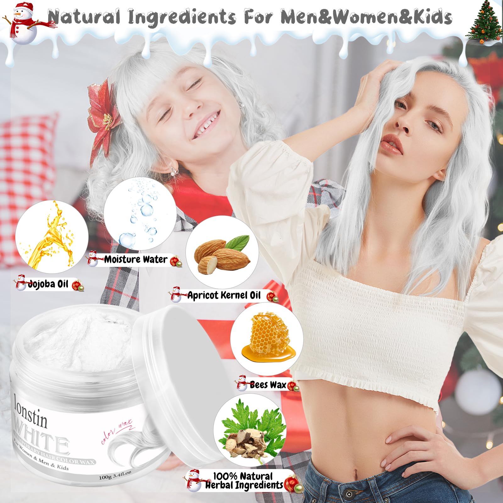 Tymczasowy kolor włosów zmywalny, Tymczasowy wosk do włosów Wosk Naturalny fryzura Pomada Dla mężczyzn Kobiety Party Cosplay Halloween Boże Narodzenie (białe)