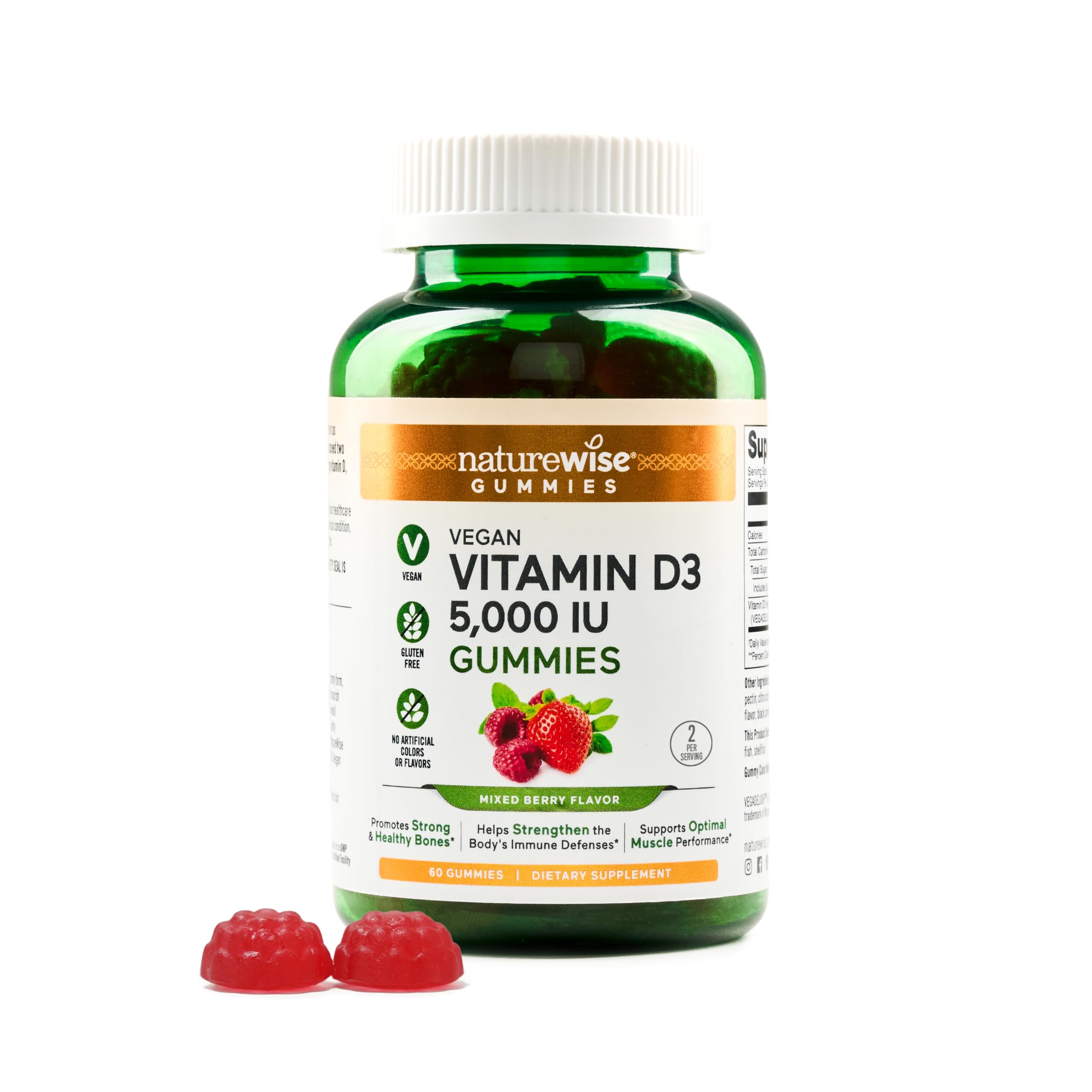 NatureWise Vitamin D3 5000 IU Gummies - Mixed Berry Flavor - Vegan D from Lichen, Pectin Based, Immune Support for Adults, Muscle & Bone Strength - Gluten Free, Non-GMO - 60 Count[1-Month Supply]