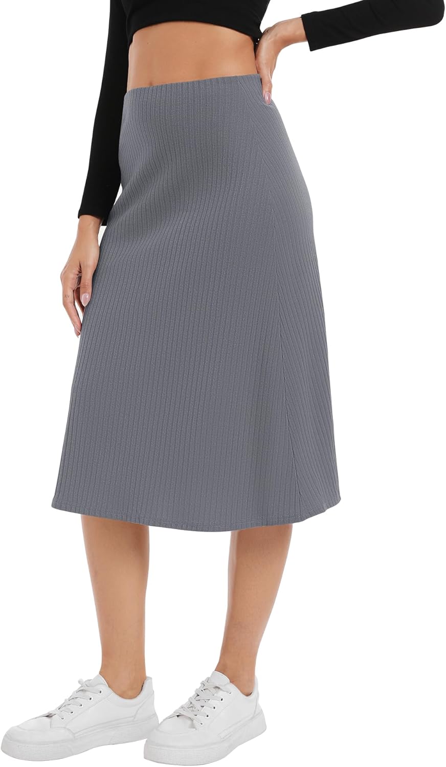 Urban CoCo Women's Elastic High Waist A-Line Flared Midi Skirt Solid Ribbed Knit Skirts - Image 2