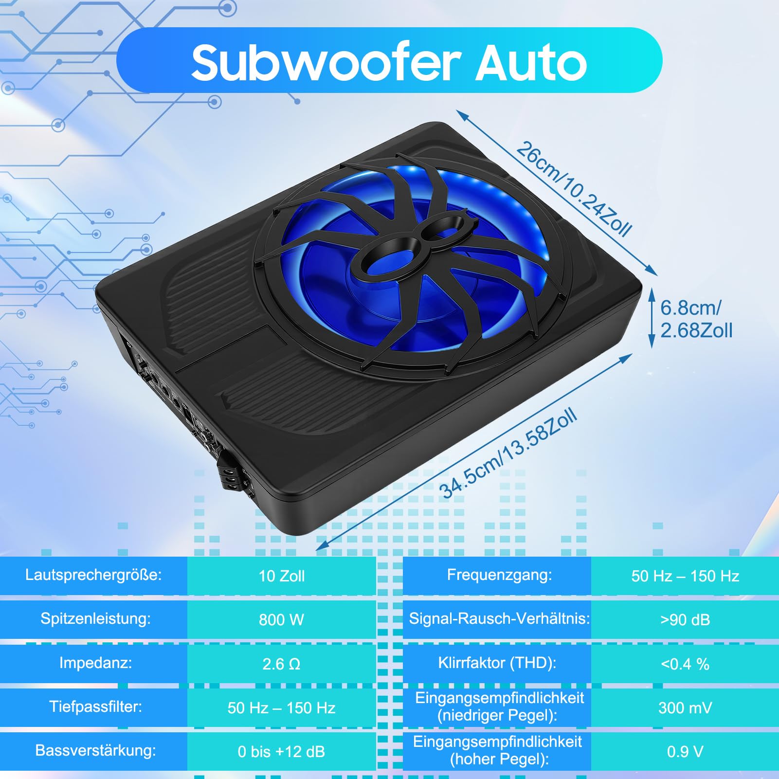 VINGVO Subwoofer Auto,10Zoll 800W Aktiv Subwoofer Für Auto,2.6 Ohm Ultra Flach Untersitz Subwoofer Autos Aktiv Mit Verstärker Controller Tiefton Lautsprecher Fahrzeug Für LKW SUV Truck