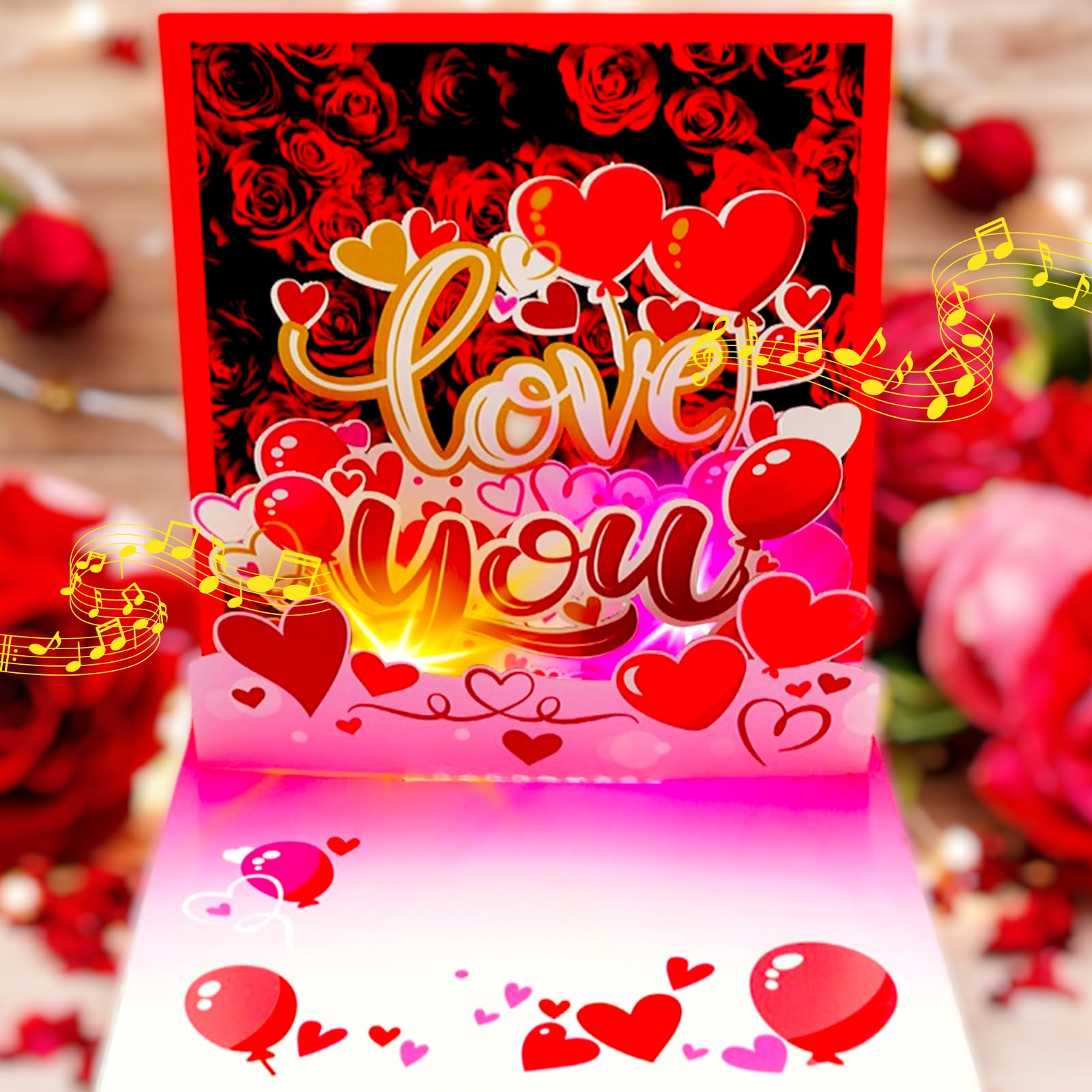 APOTODITO Valentine’s Day Card, Musical Pop up Cards, Anniversary Card with Light and Music, Romantic Greeting Card for Women Men Children, Envelope