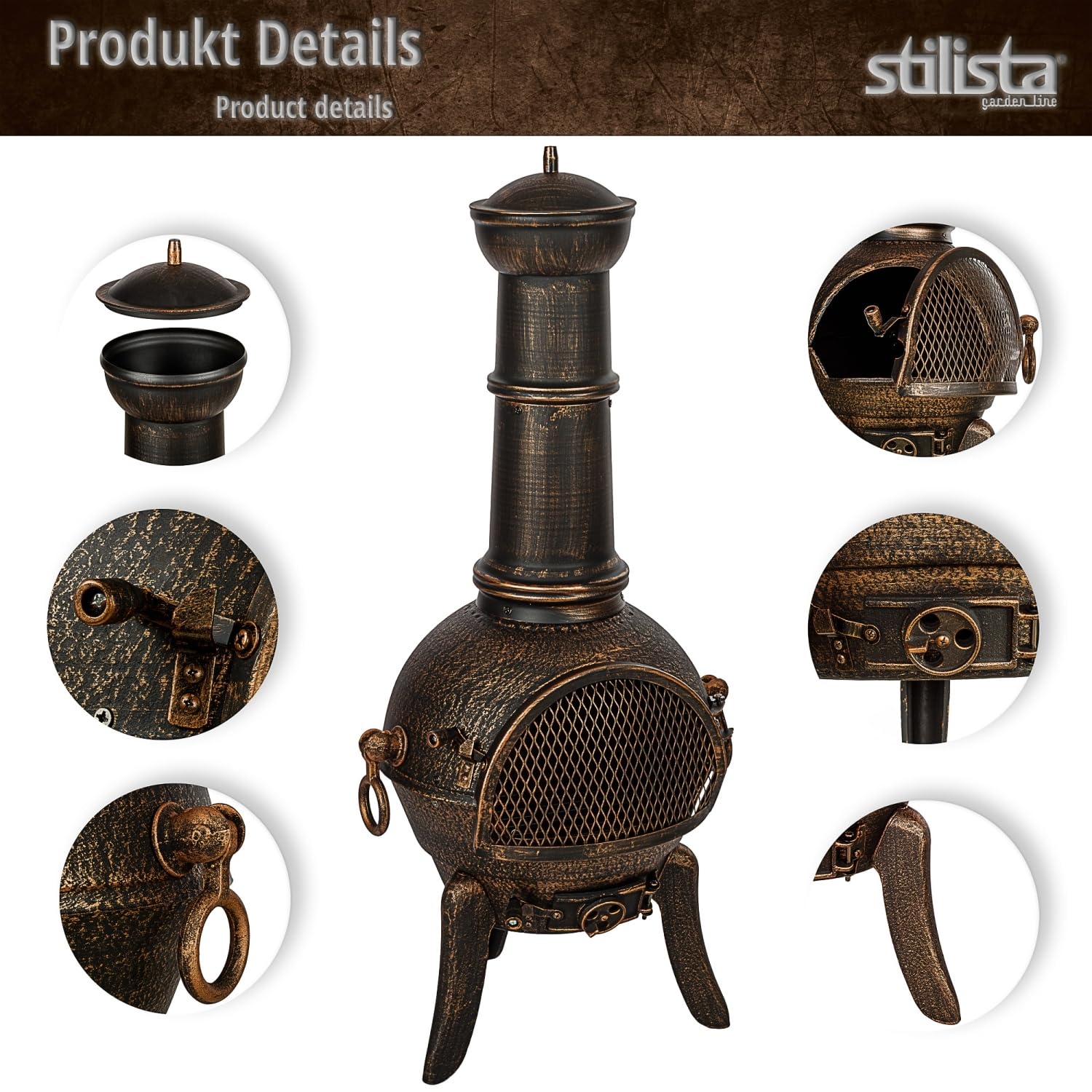 STILISTA Terrassenofen 112 cm aus Gusseisen mit Funkenschutz und Schürhaken, Antik Bronze