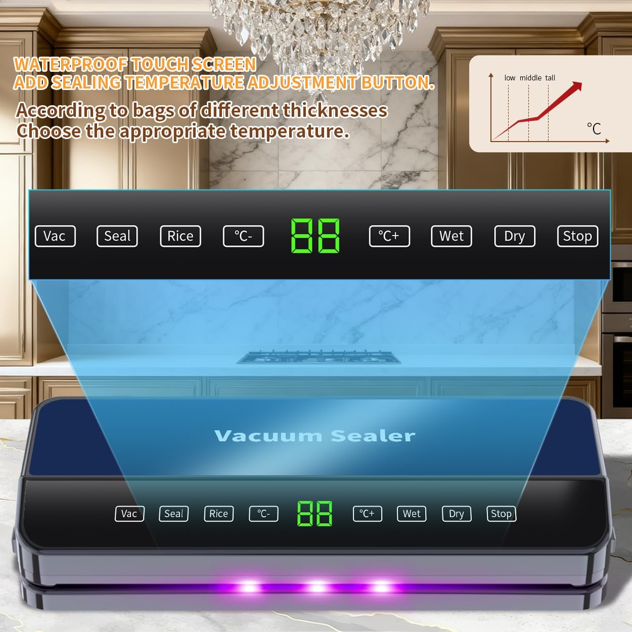 Food Vacuum Sealer Machine, 9-Level Temp Control & Built-in Cutter, Dry/Wet Stops Freezer Burn, Seals Meat/Leftovers/Sous Vide, Compact Home Kitchen (Black/Blue)