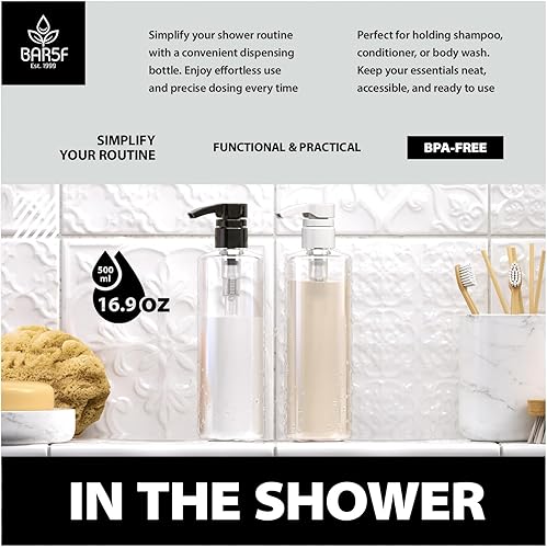 Miniatura 5 de Bar5F Botellas de loción de plástico con bombas en blanco y negro, 16 onzas, a prueba de fugas, cilindro transparente vacío, recargable, sin BPA