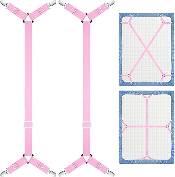 Morcheiong 2 Pack Bed Sheet Fasteners Straps Adjustable Bed Sheet Holder Bands with Sheet Clips for Bedding Stays Bedsheet Tie Downs -Pink