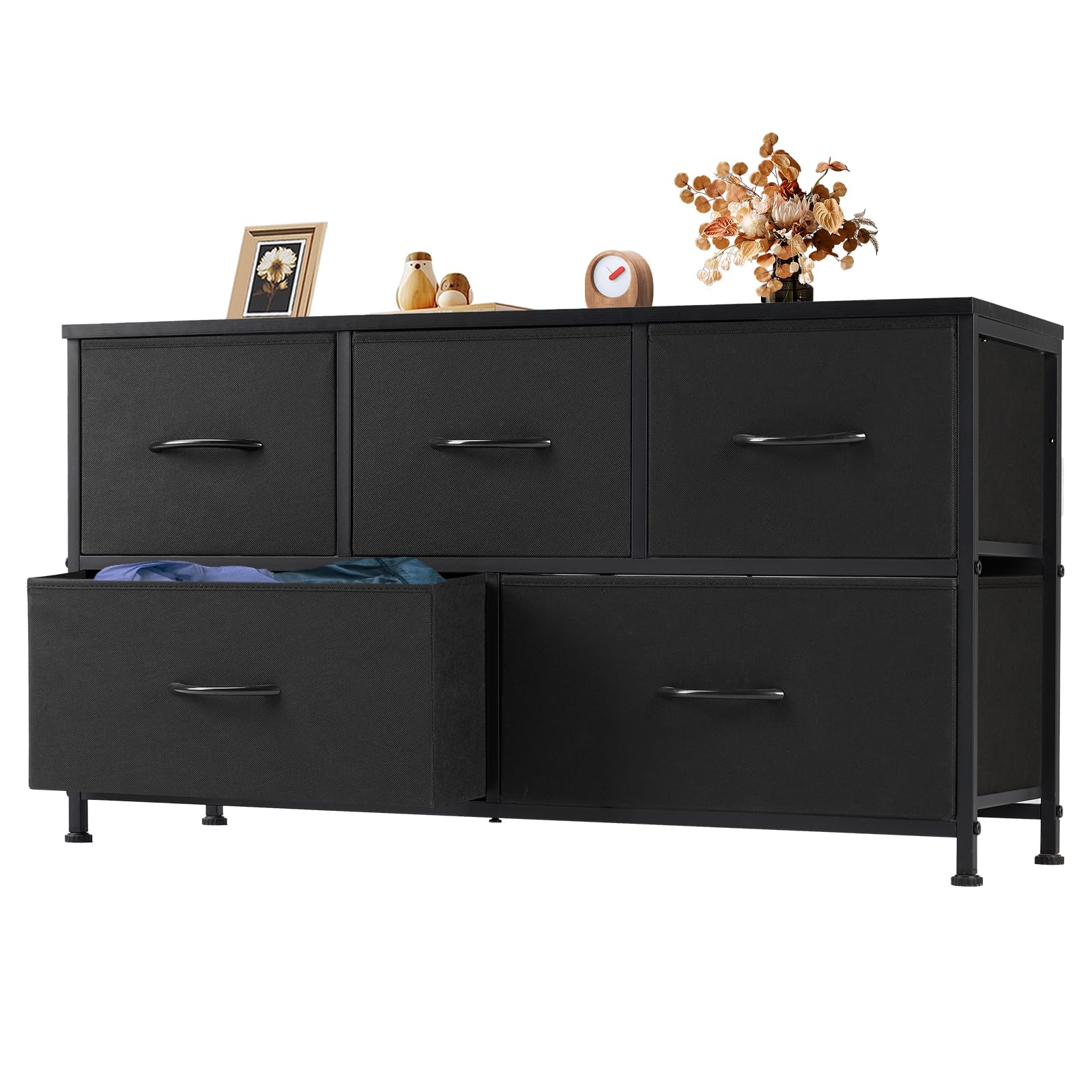 Dresser for Bedroom with 5 Drawers, Anti-Tip Wide Fabric Chests Storage Organizer Tower Furniture, TV Stand for TV up to 45 inch with Wooden Top Metal