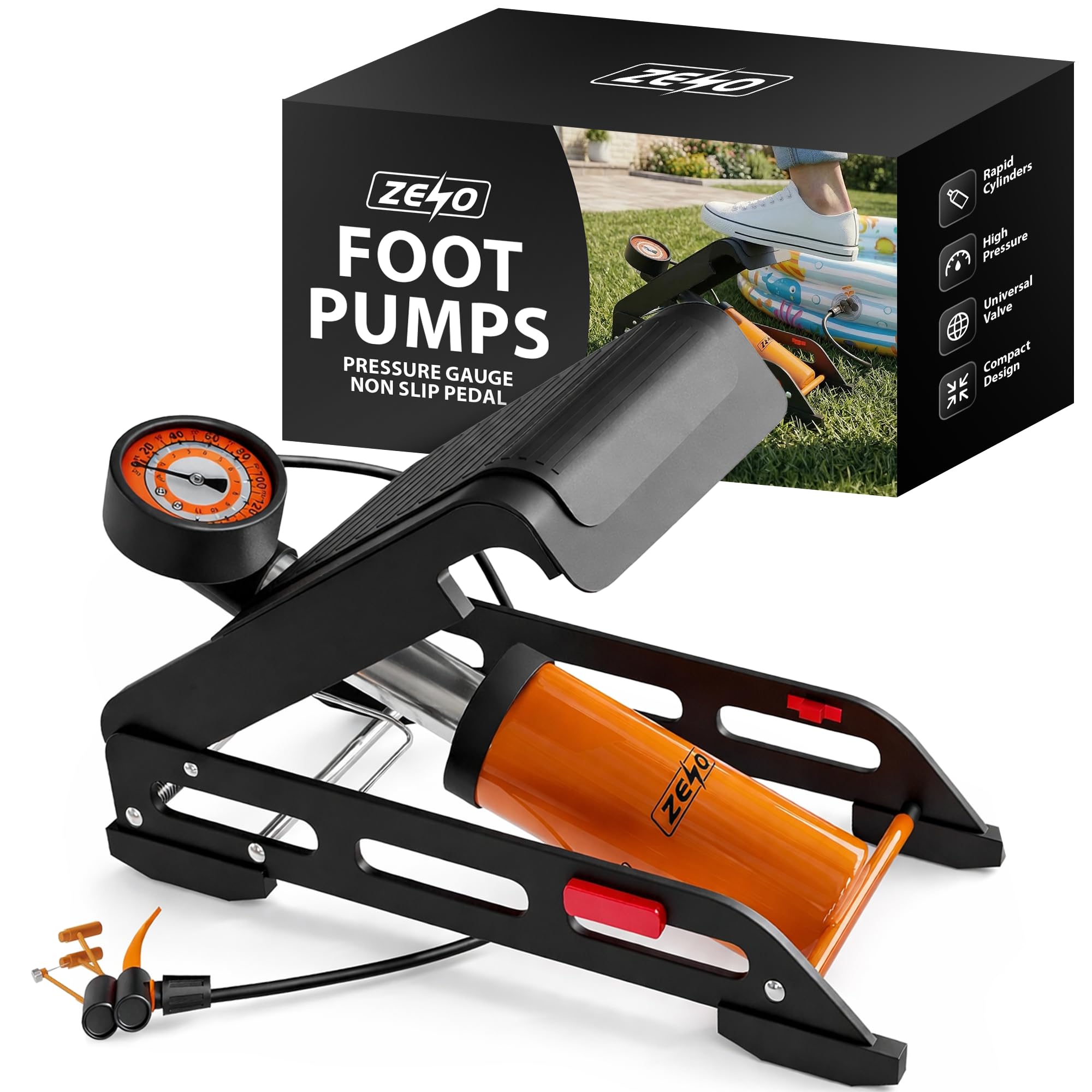 ZENO Bicycle Foot Pump Single Piston Bike Floor Pumps with Accurate Pressure Gauge 160PSI Aluminium Body, Smart Valve Head for Bike Tire & Ball - Needle Included