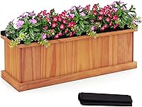 Vista 12 de Giantex Cama de jardín elevada de madera de acacia, maceta rectangular con huecos de drenaje, soporte de ventana de pie para flores, verduras