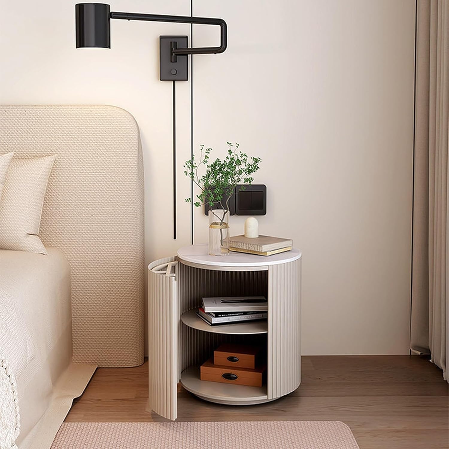 Bed Side Table Nightstand Cylindrical Body Stone Top Cabinet Interior Two Layers for Bedroom Night Stand(White)