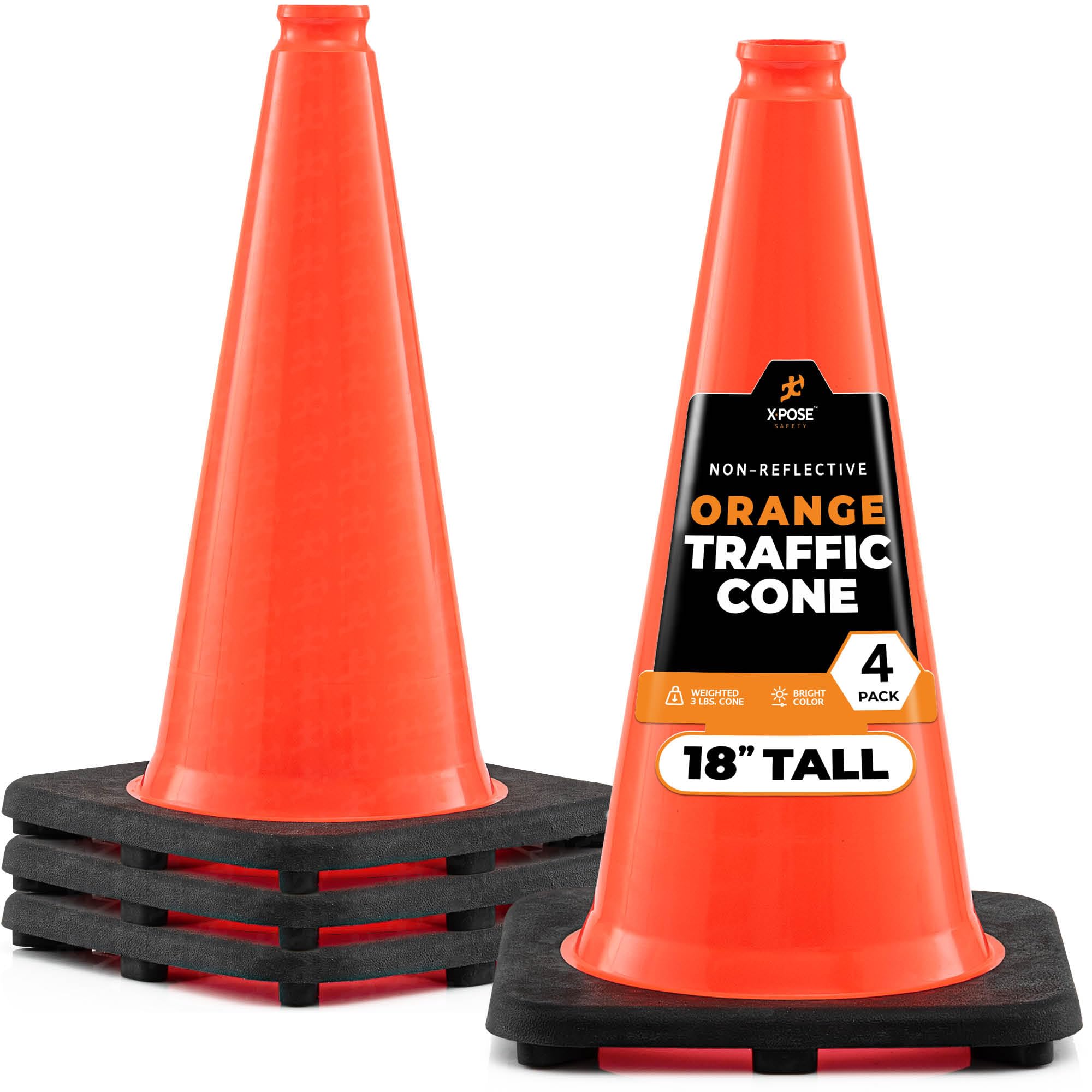 Xpose Safety 18 Inch Orange Traffic Cones, Multipurpose PVC Plastic Safety Cone for Parking, Soccer, Caution, Kids and Construction