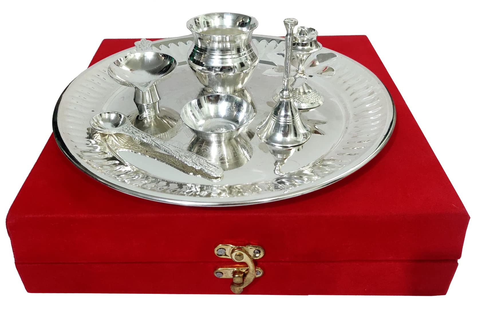 Purpledip Metal Puja Thali Set: Home Temple Decorative Platter with 7 Items in Velvet Gift Box, Silver (12595A) - Image 4 thumbnail