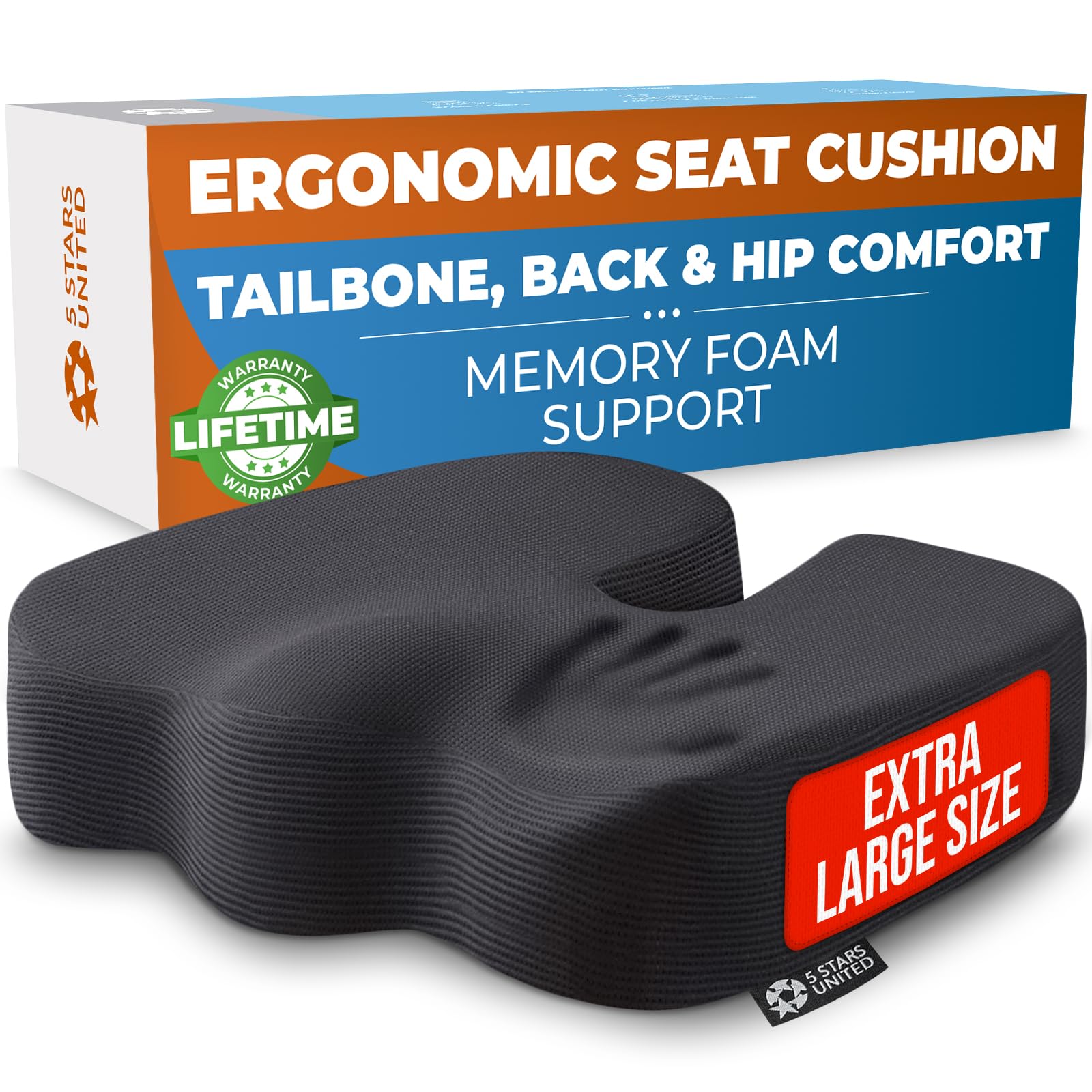 Photo 1 of 5 STARS UNITED Seat Cushion - Memory Foam Chair Cushion for Tailbone Pain Relief - Ergonomic Support for Coccyx, Sciatica & Butt - Office, Desk & Gaming Chair, Car Seat, Wheelchair, Airplane, Black
