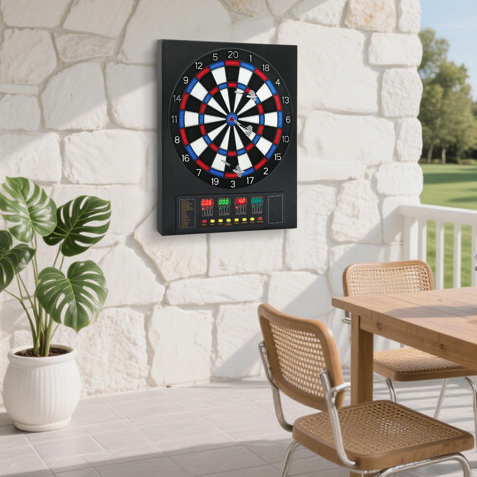 Bersaglio elettronico con 12 freccette e 100 punte per freccette, freccette in acciaio con 27 categorie, 243 sottocategorie, 4 indicatori LED, innovativo distributore automatico per freccette da 1 a