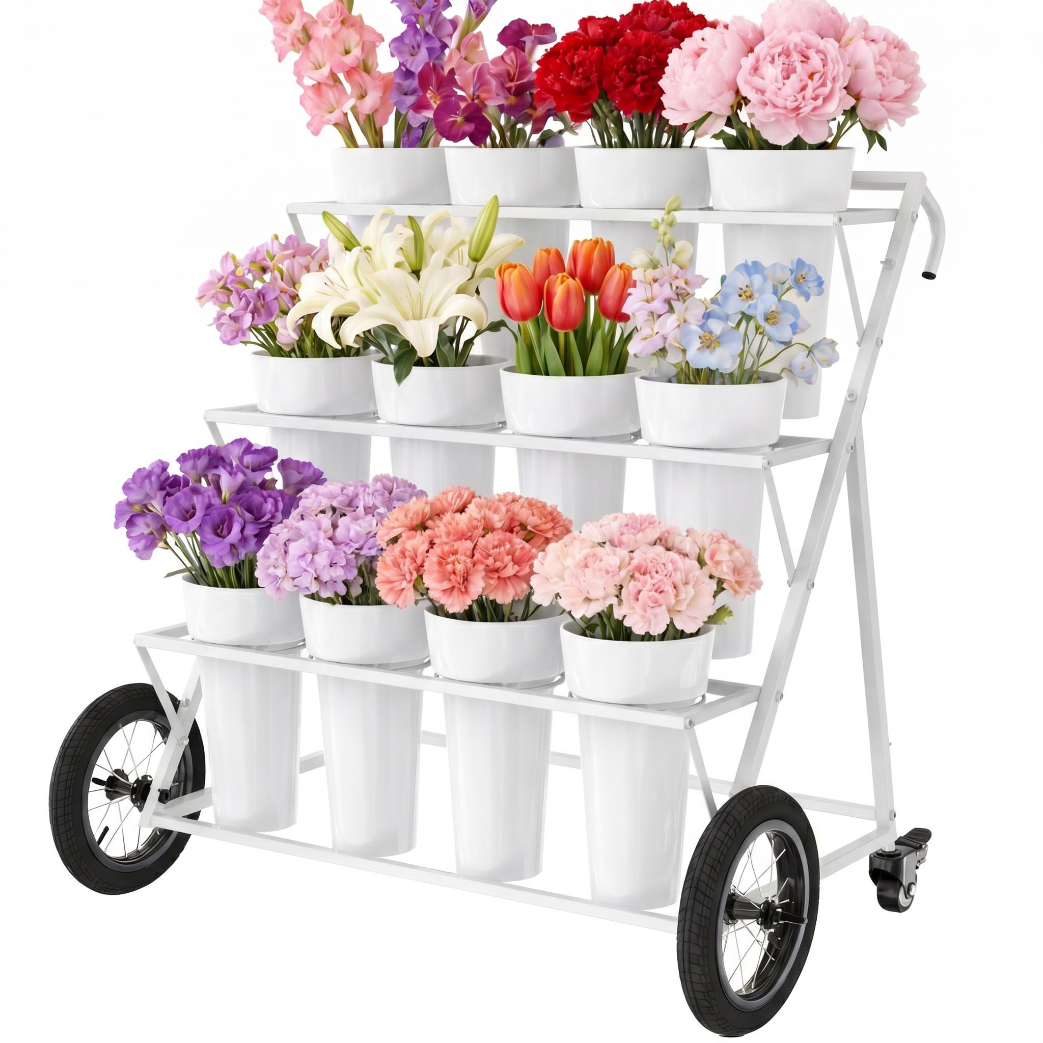 Photo 1 of Asee'm White Heavy Duty Metal Flower Cart Display Stand With Large Wheels