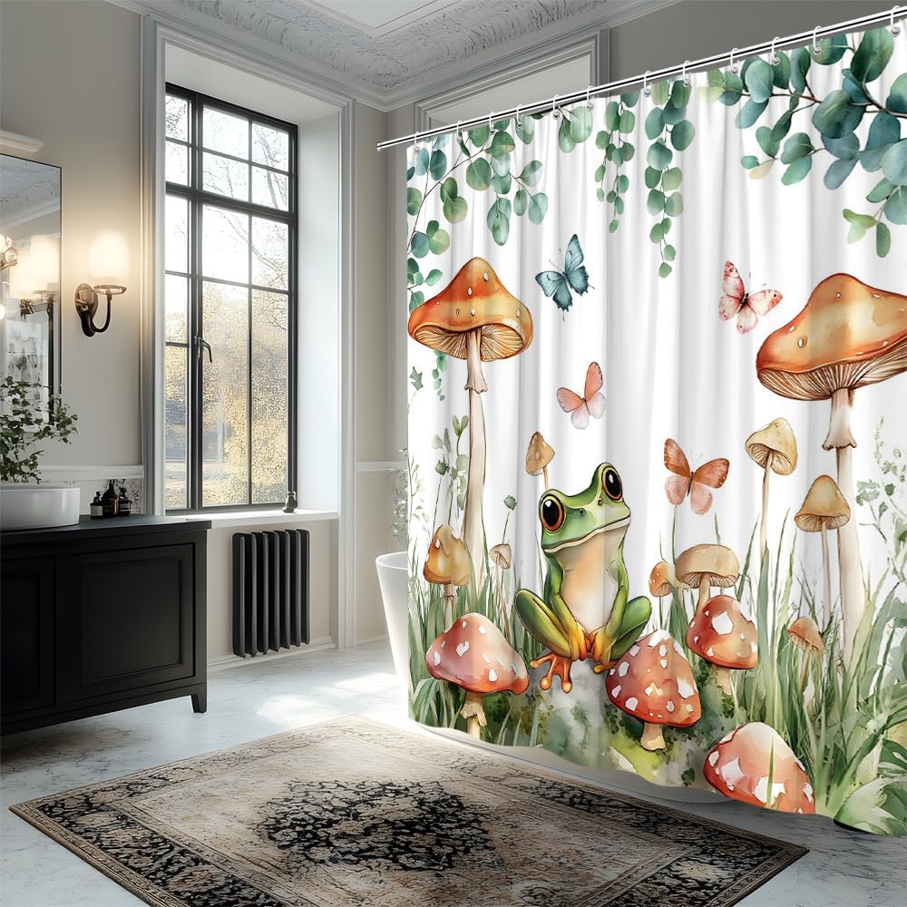 Funny Frog Mushroom Shower Curtain Butterfly Sage Green Plants Eucalyptus Leaf Rustic Floral Wildflower Nature Watercolor Botanical Decorative Curtain Polyester Fabric