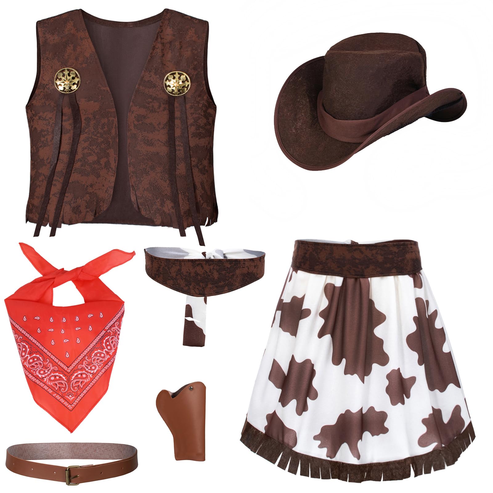 Cowgirl Costume for Girls 6pcs Set Kids Dress Up Birthday Halloween Party Cosplay 3-13 Years