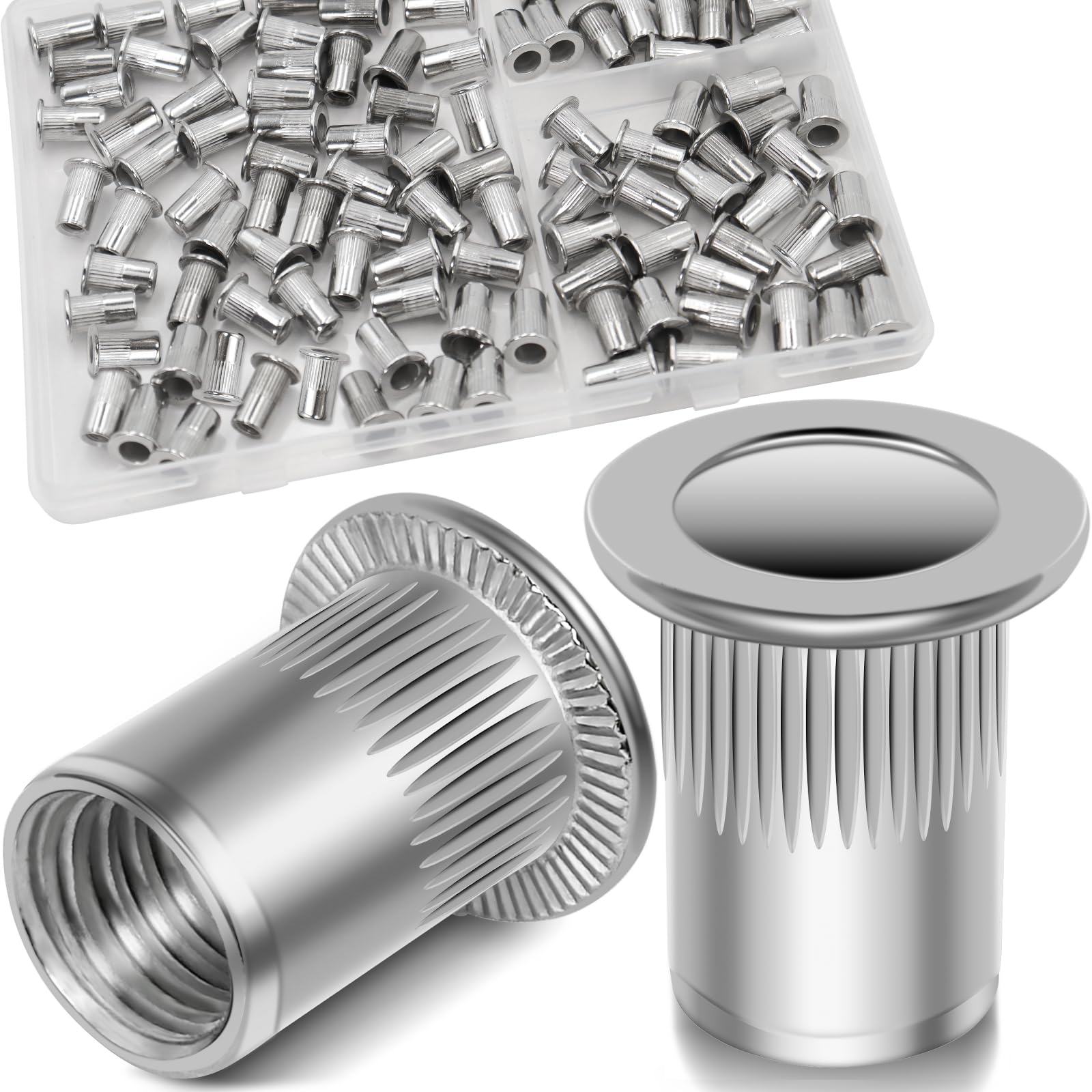 Vifmy 8-32 UNC Rivet Nut, 100Pcs 304 Stainless Steel Flat Head Rivnut Threaded Insert Nutsert