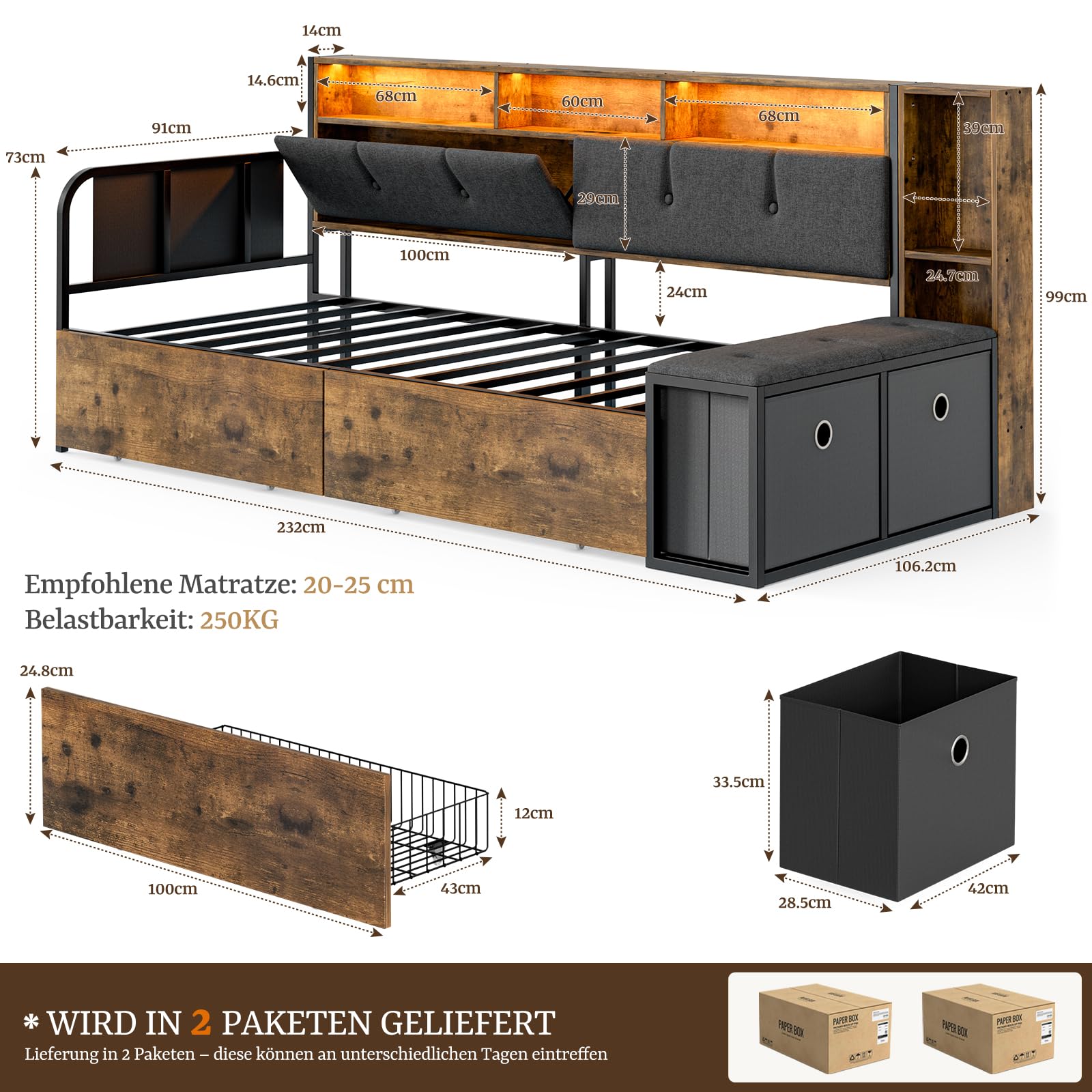 IKIFLY Multifunktionales Jugendbett 90x200 mit verstecktem Kopfteil-Stauraum, LED-Beleuchtung und Ladestation, Schlafsofa Tagesbett mit Lattenrost aus Metall und 4 Schubladen, Fußbank (Dunkelgrau)