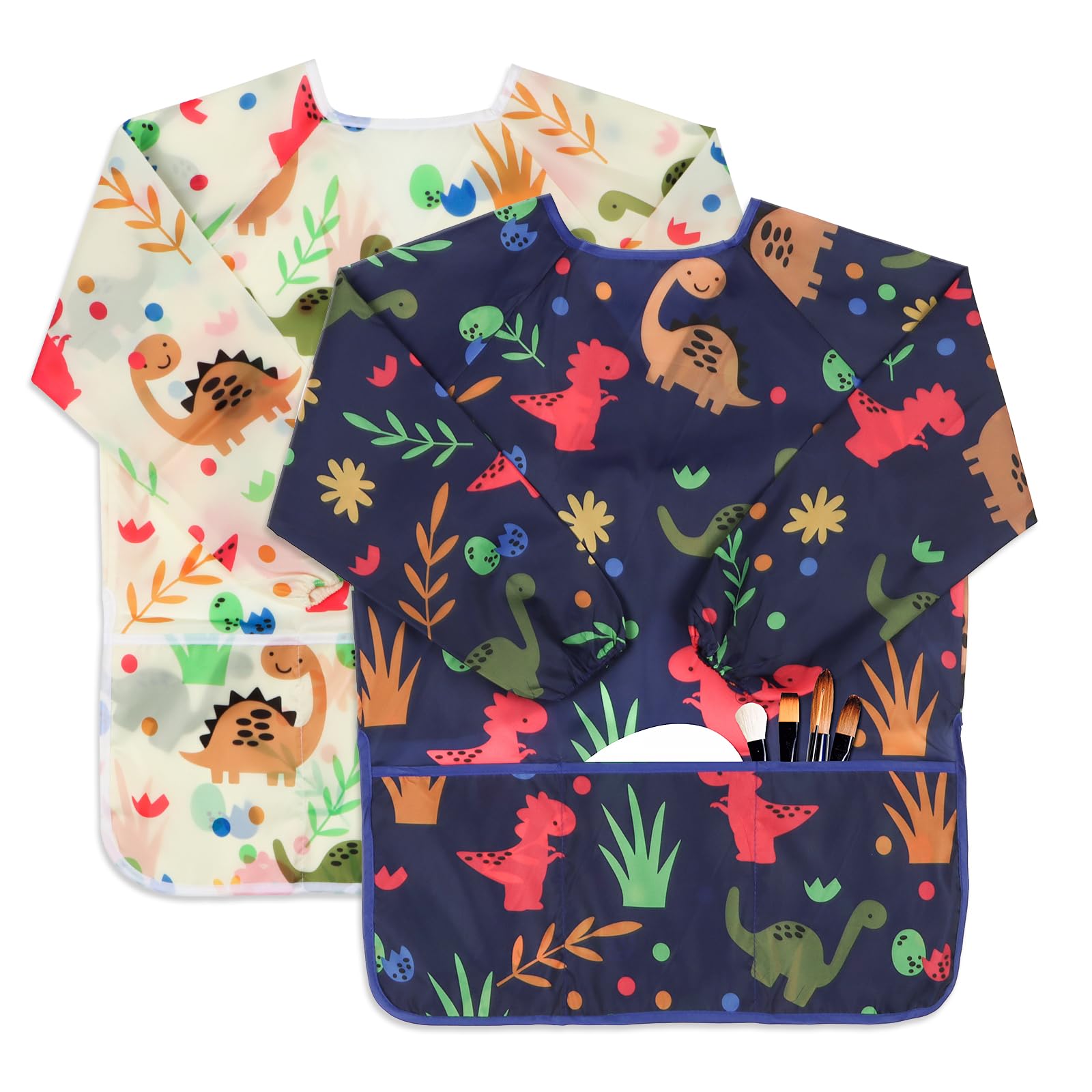 Kids Art Smocks 2 Pack Dinosaur Painting Aprons for Children Waterproof Artist Smock with Long Sleeve and 3 Pockets for Age 3-8 Years